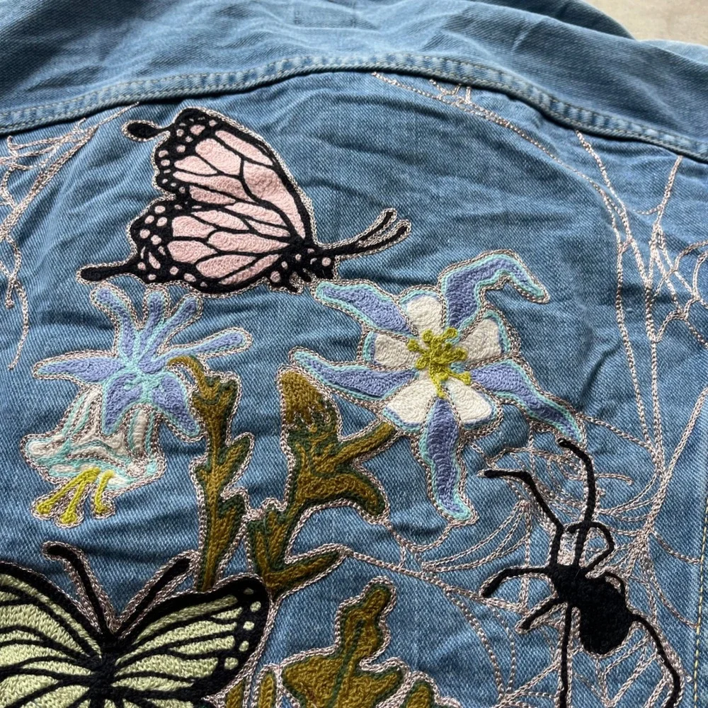 Vintage 70s Lee 101J Denim Jacket Chain Stitch Butterfly Embroidery Blue Mens